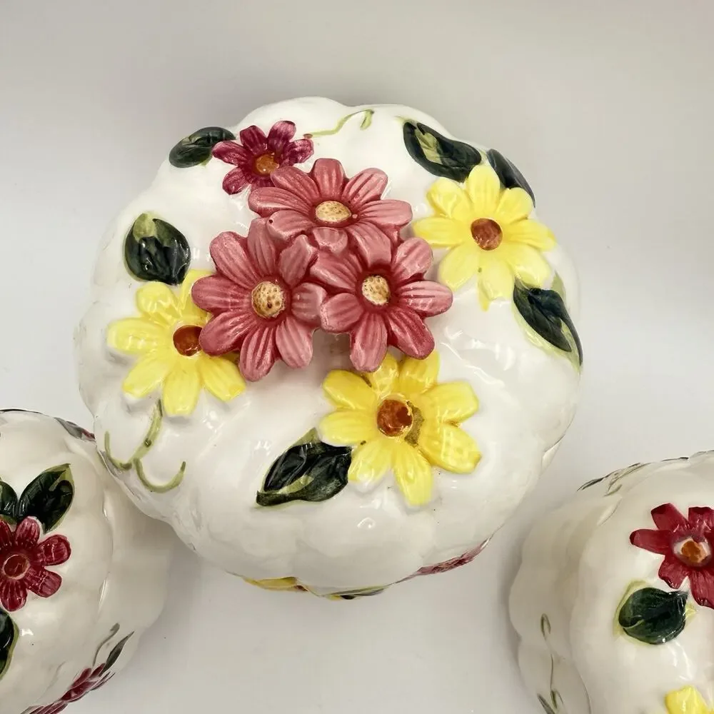 Butterfly Flower 3D White Pumpkin MCM Canister Set 1950s Cottagecore Floral VGC‎